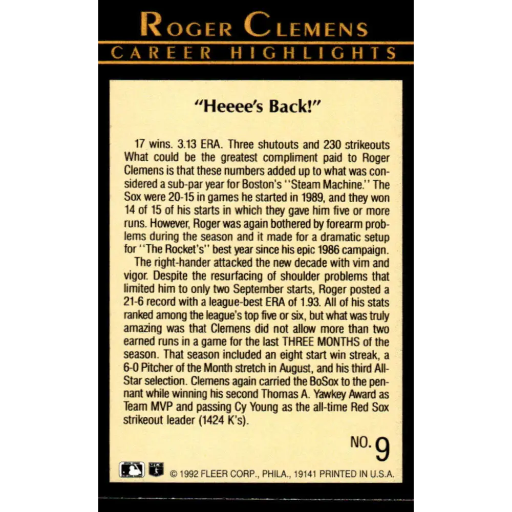 1992 Fleer #9 Roger Clemens EX/NM Boston Red Sox Baseball Card Image 2