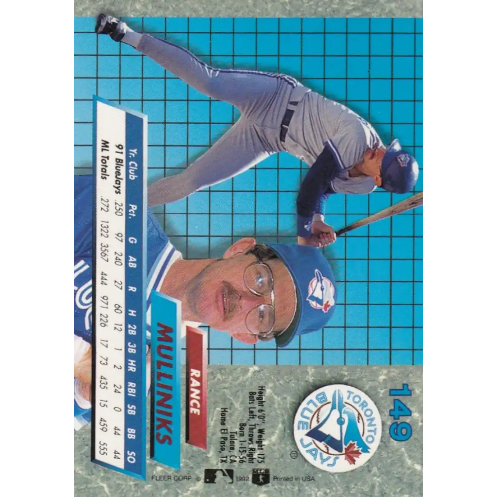 1992 Fleer Ultra #149 Rance Mulliniks NM-MT Toronto Blue Jays Baseball Card Image 2