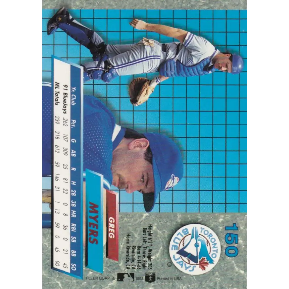 1992 Fleer Ultra #150 Greg Myers NM-MT Toronto Blue Jays Baseball Card Image 2