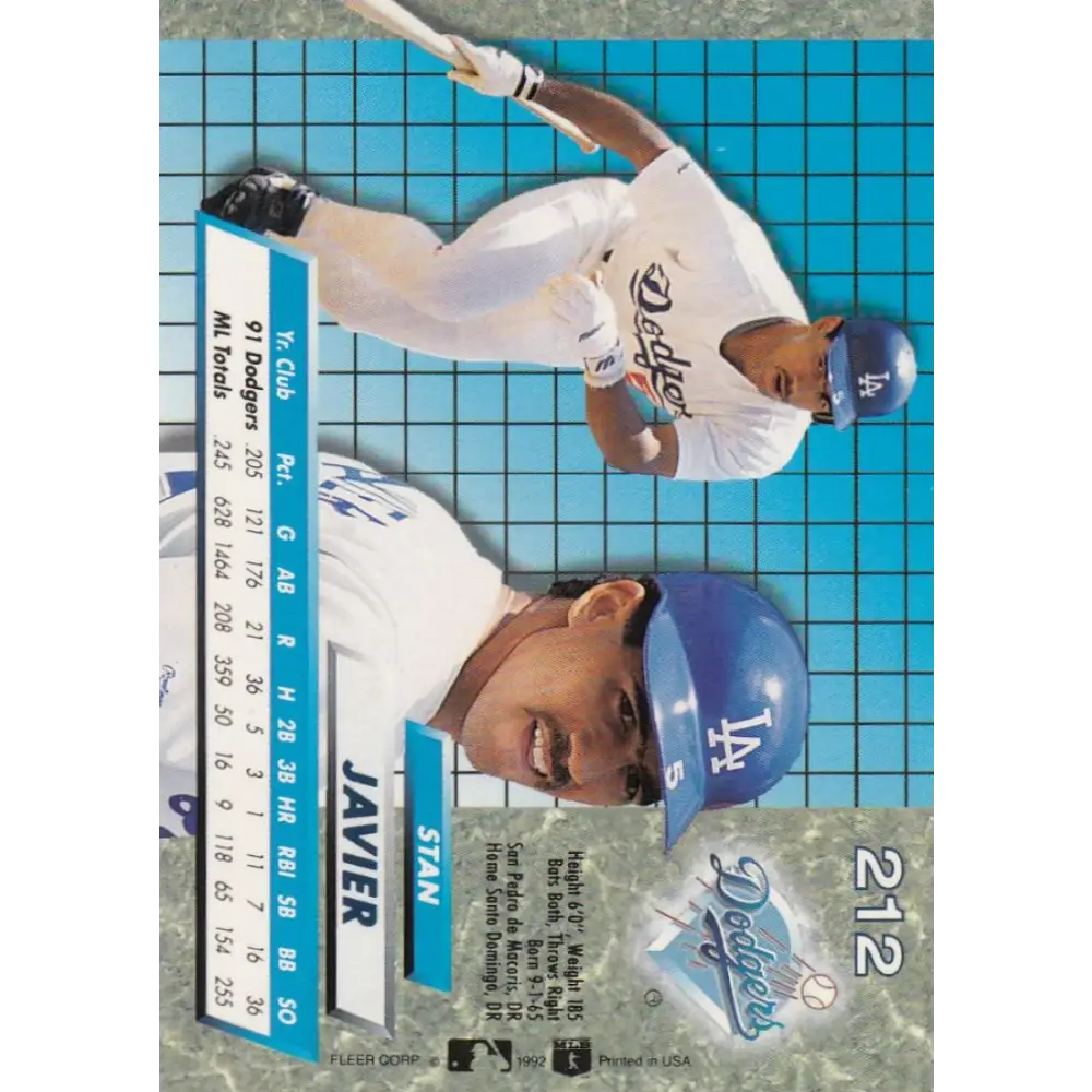 1992 Fleer Ultra #212 Stan Javier NM-MT Los Angeles Dodgers Baseball Card Image 2