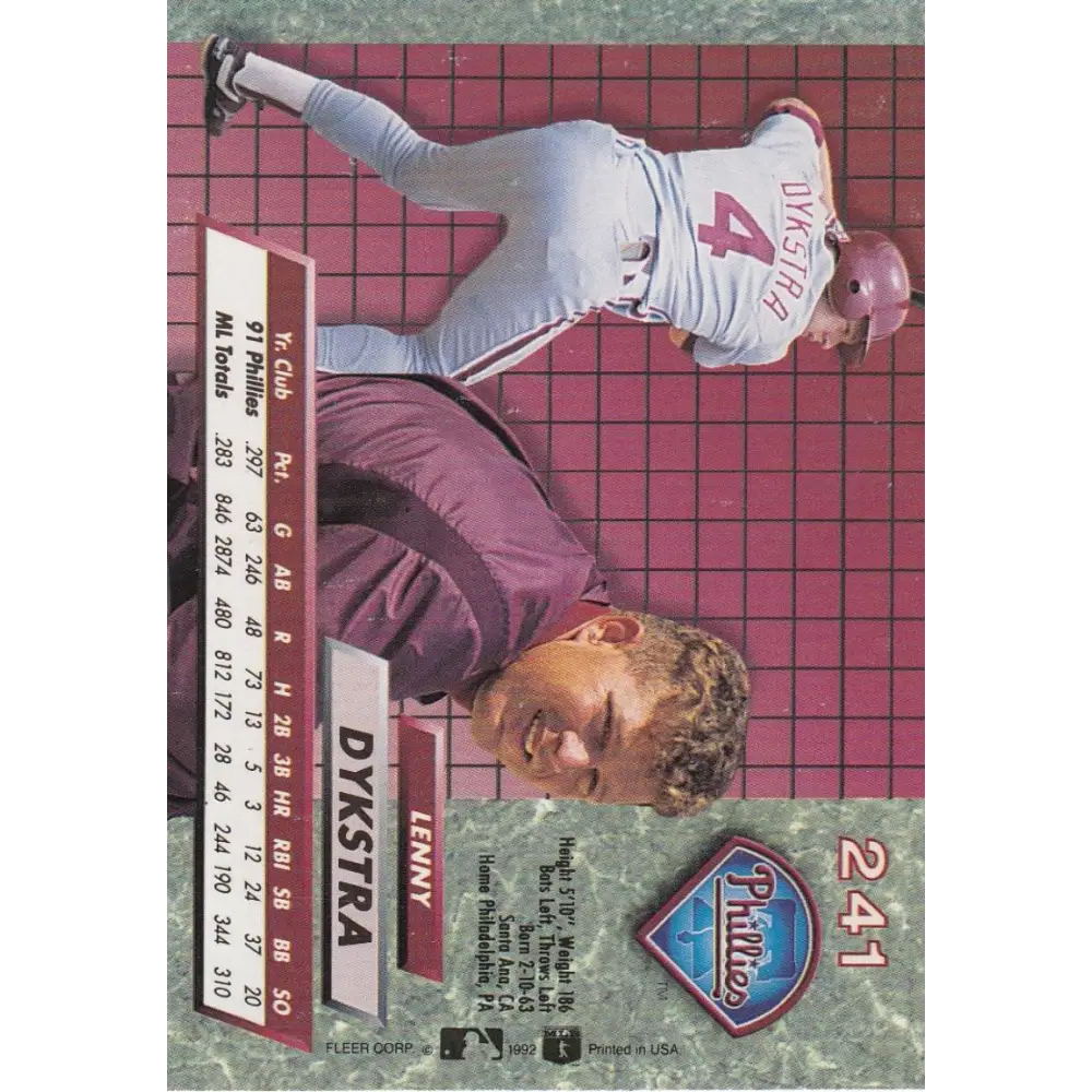 1992 Fleer Ultra #241 Lenny Dykstra NM-MT Philadelphia Phillies Baseball Card Image 2