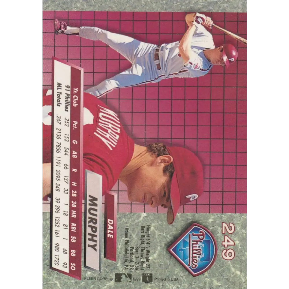 1992 Fleer Ultra #249 Dale Murphy NM-MT Philadelphia Phillies Baseball Card Image 2