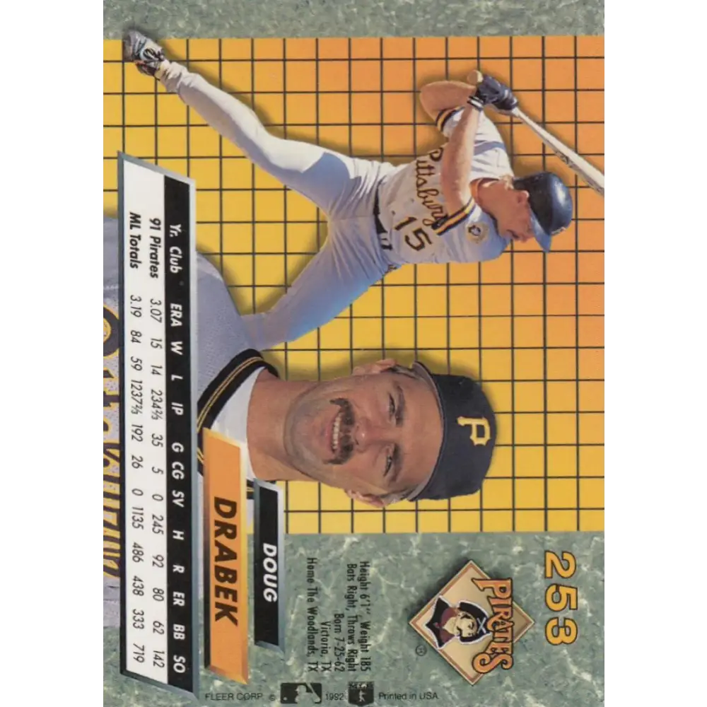 1992 Fleer Ultra #253 Doug Drabek NM-MT Pittsburgh Pirates Baseball Card Image 2