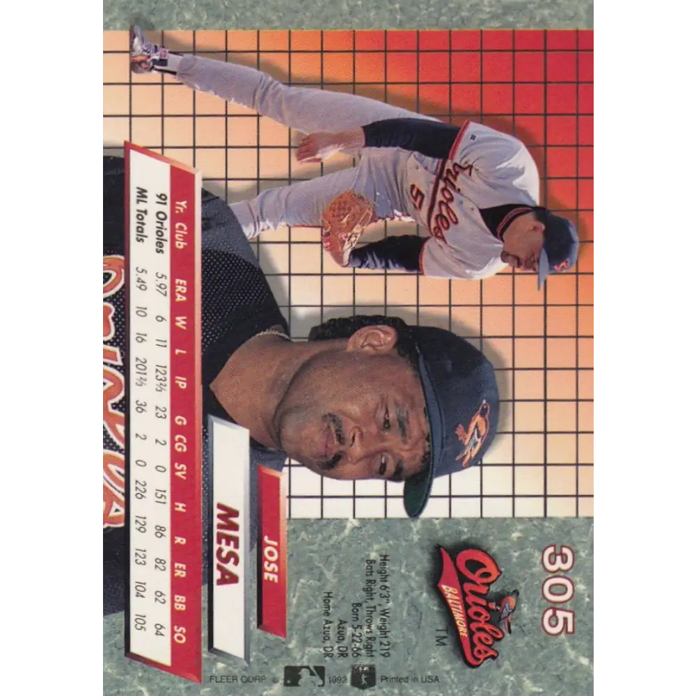 1992 Fleer Ultra #305 Jose Mesa NM-MT Baltimore Orioles Baseball Card Image 2
