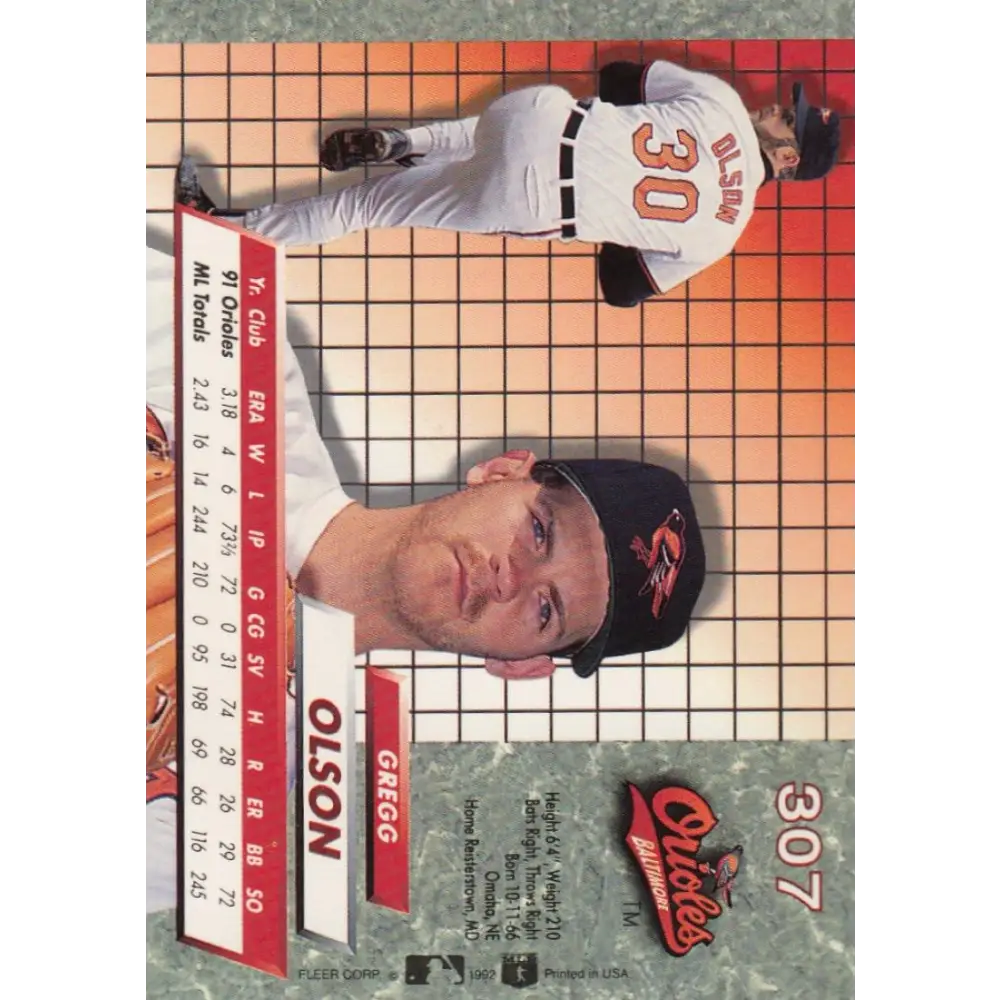 1992 Fleer Ultra #307 Gregg Olson NM-MT Baltimore Orioles Baseball Card Image 2