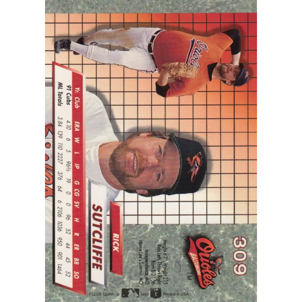 1992 Fleer Ultra #309 Rick Sutcliffe NM-MT Baltimore Orioles Baseball Card Image 2