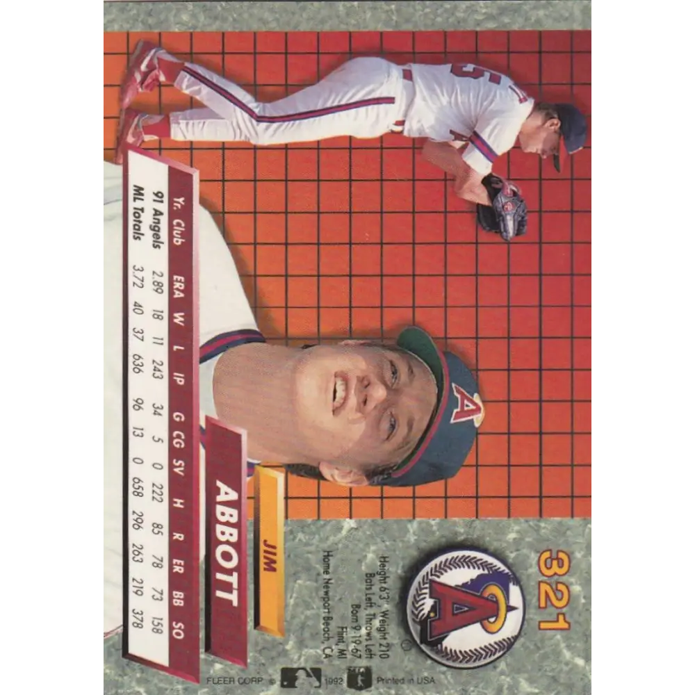 1992 Fleer Ultra #321 Jim Abbott NM-MT California Angels Baseball Card Image 2