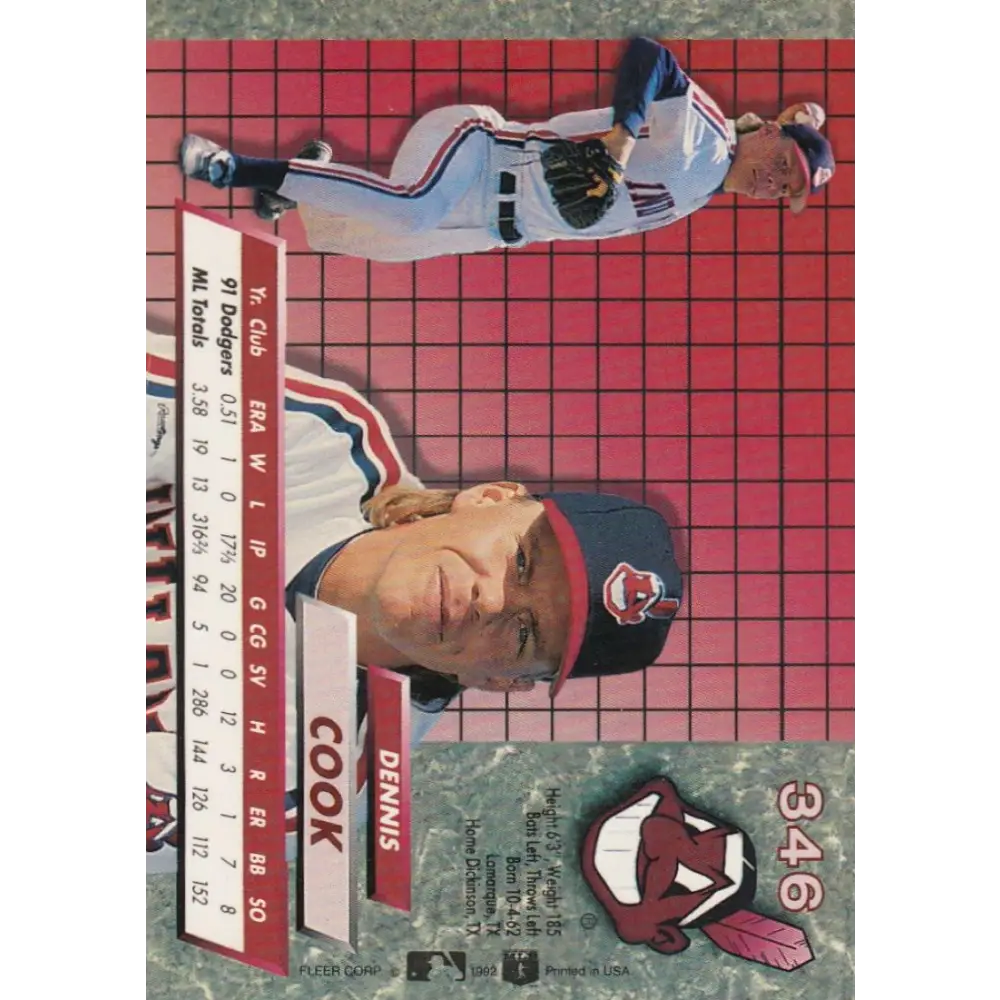 1992 Fleer Ultra #346 Dennis Cook NM-MT Cleveland Indians Baseball Card Image 2