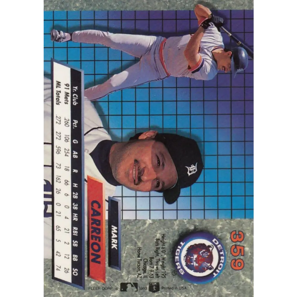 1992 Fleer Ultra #359 Mark Carreon NM-MT Detroit Tigers Baseball Card Image 2