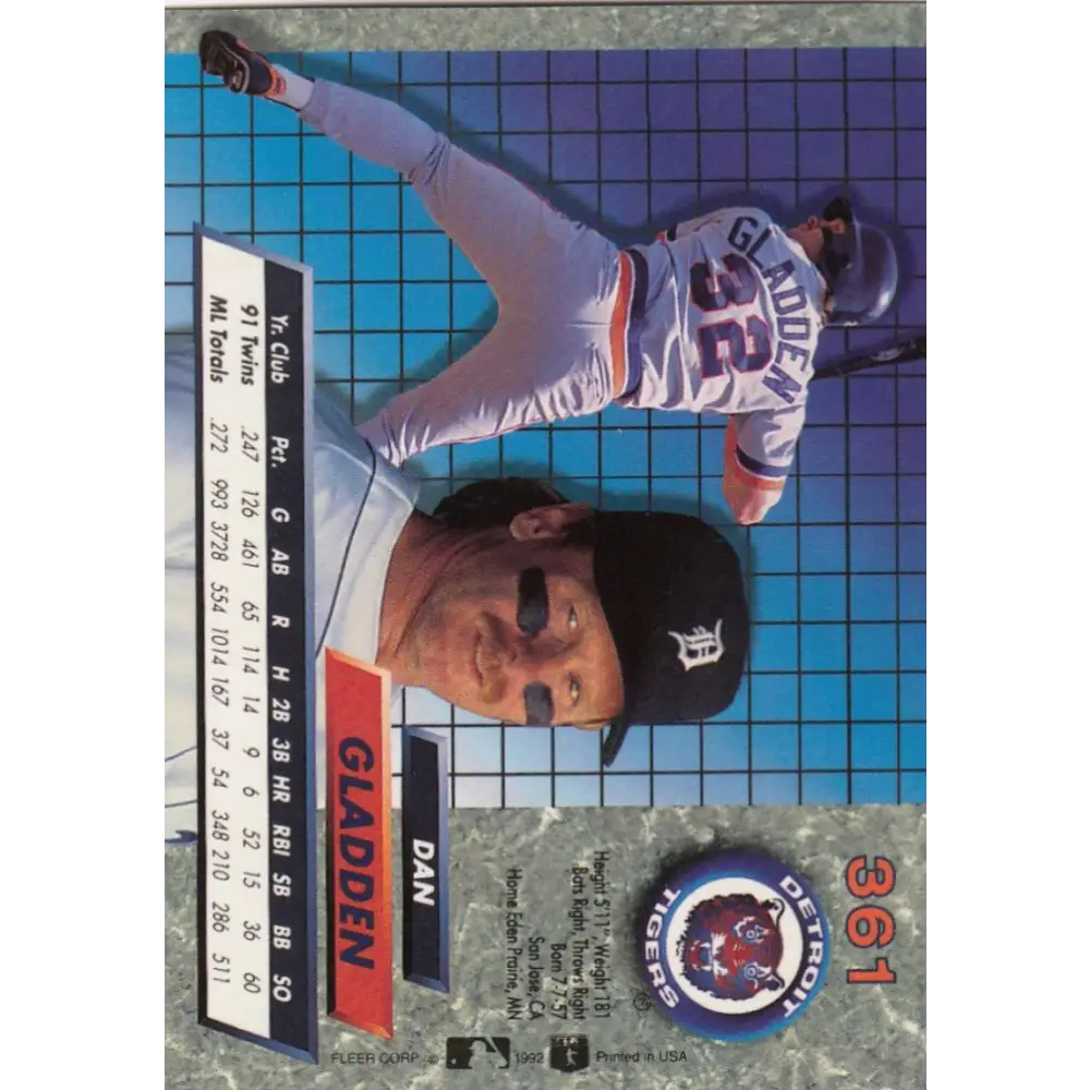 1992 Fleer Ultra #361 Dan Gladden NM-MT Detroit Tigers Baseball Card Image 2