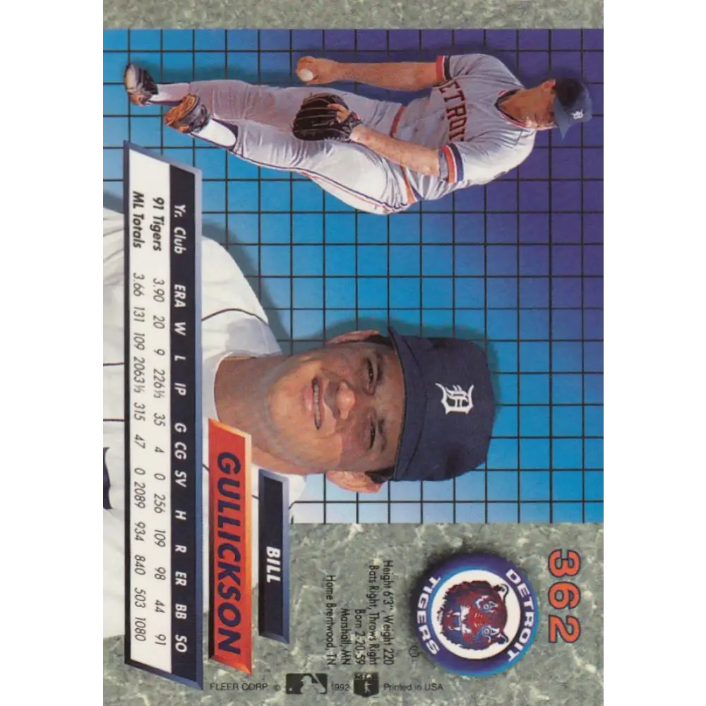 1992 Fleer Ultra #362 Bill Gullickson NM-MT Detroit Tigers Baseball Card Image 2