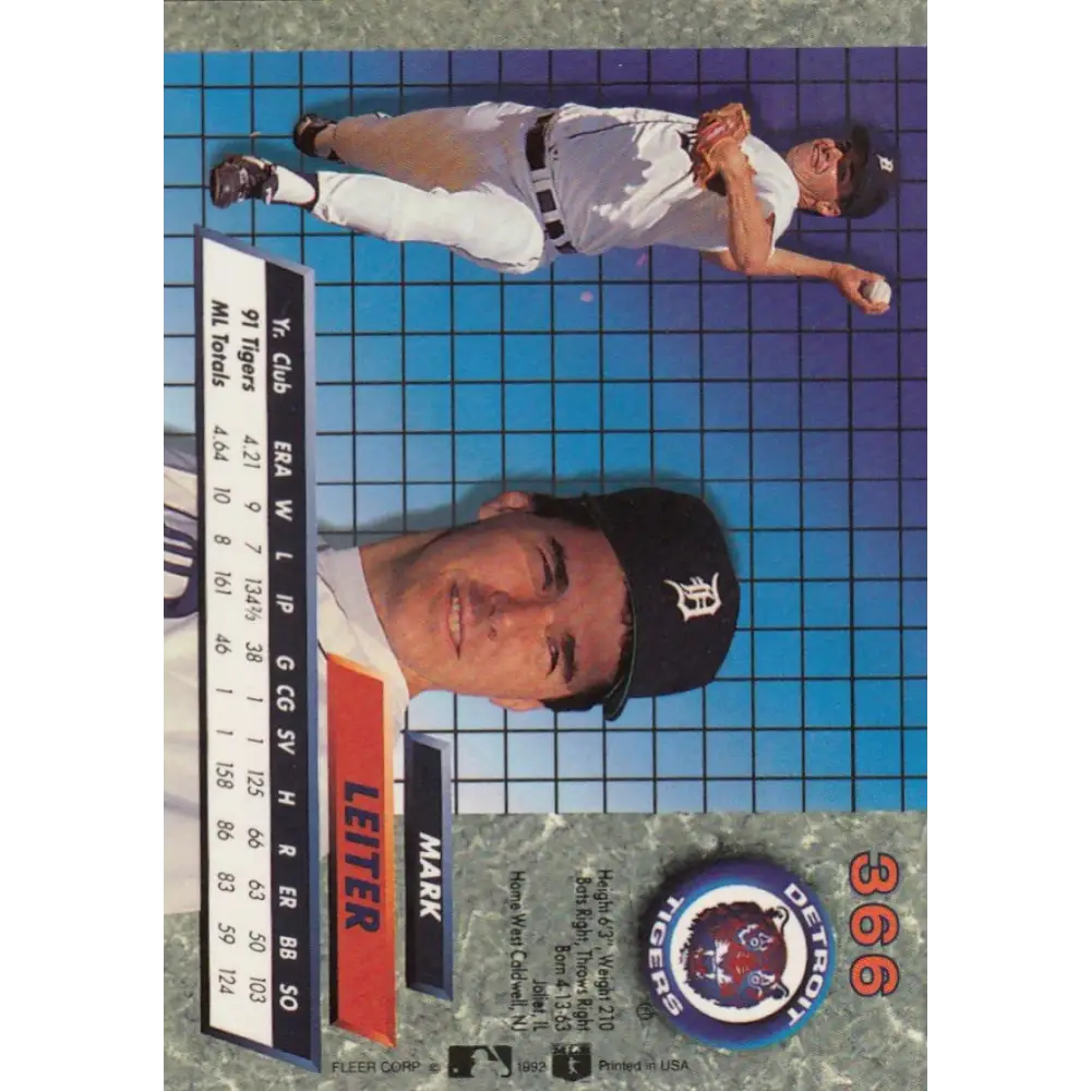 1992 Fleer Ultra #366 Mark Leiter NM-MT Detroit Tigers Baseball Card Image 2