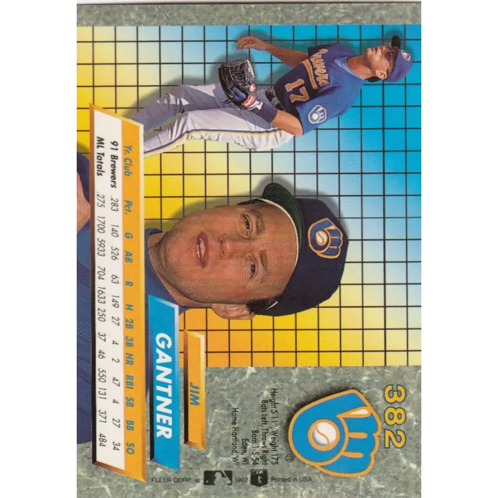 1992 Fleer Ultra #382 Jim Gantner NM-MT Milwaukee Brewers Baseball Card Image 2