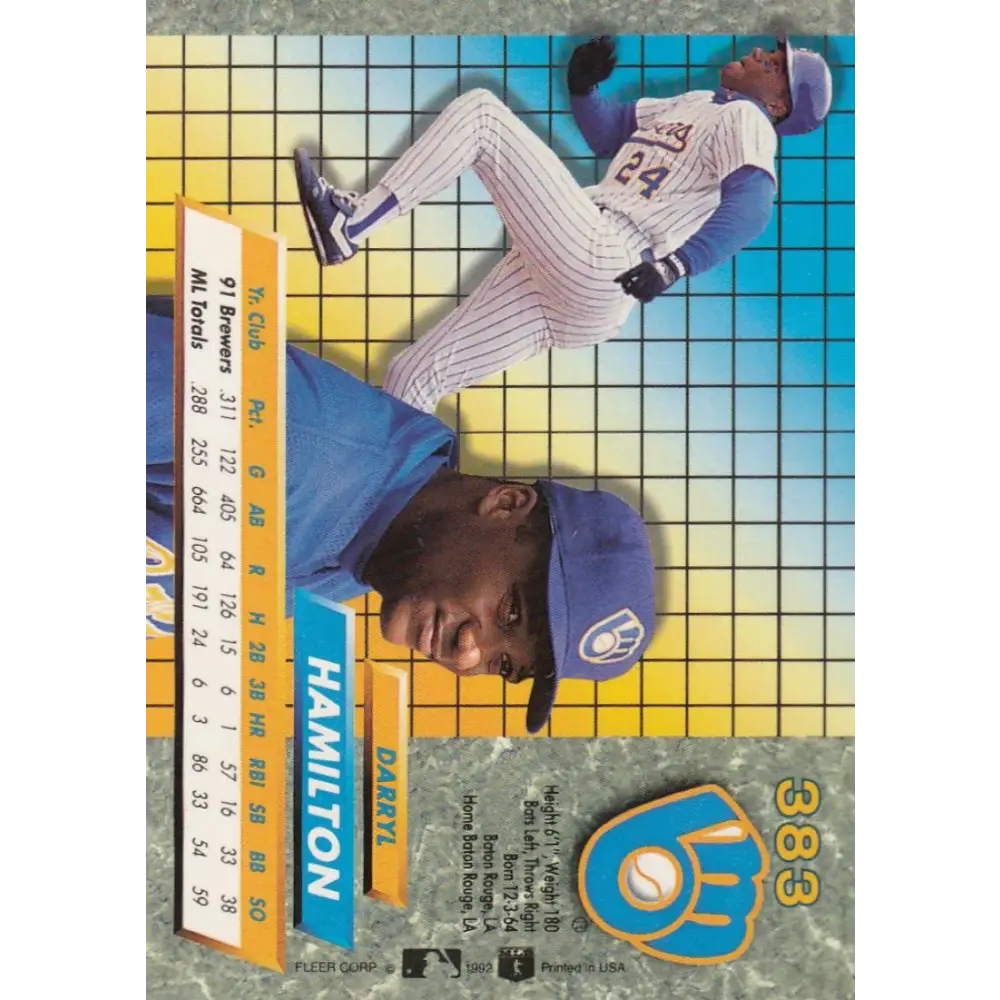 1992 Fleer Ultra #383 Darryl Hamilton NM-MT Milwaukee Brewers Baseball Card Image 2