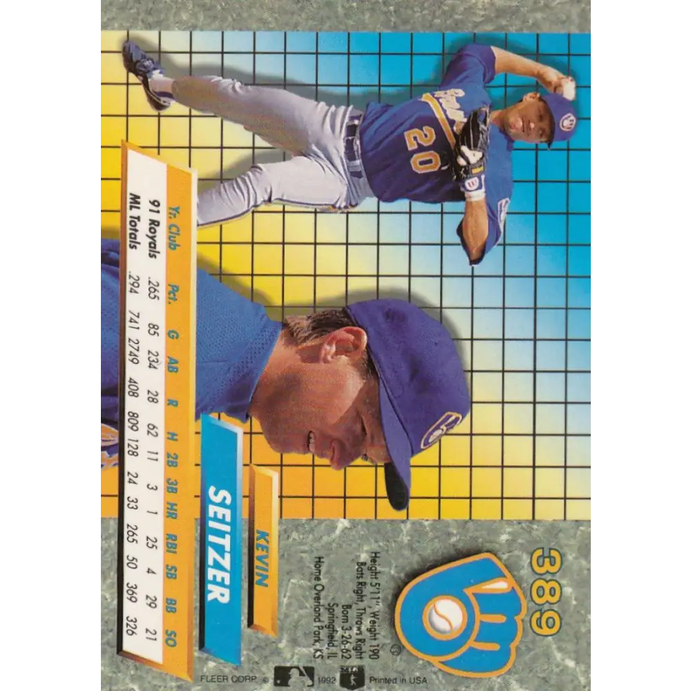 1992 Fleer Ultra #389 Kevin Seitzer NM-MT Milwaukee Brewers Baseball Card Image 2
