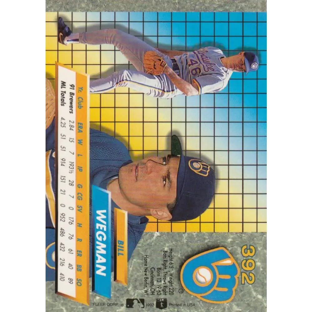 1992 Fleer Ultra #392 Bill Wegman NM-MT Milwaukee Brewers Baseball Card Image 2