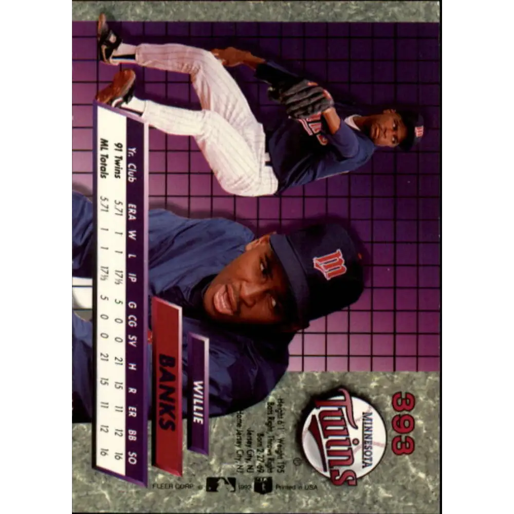 1992 Fleer Ultra #393 Willie Banks NM-MT Minnesota Twins Baseball Card Image 2