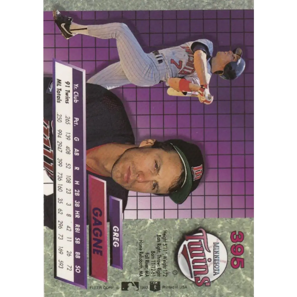 1992 Fleer Ultra #395 Greg Gagne NM-MT Minnesota Twins Baseball Card Image 2