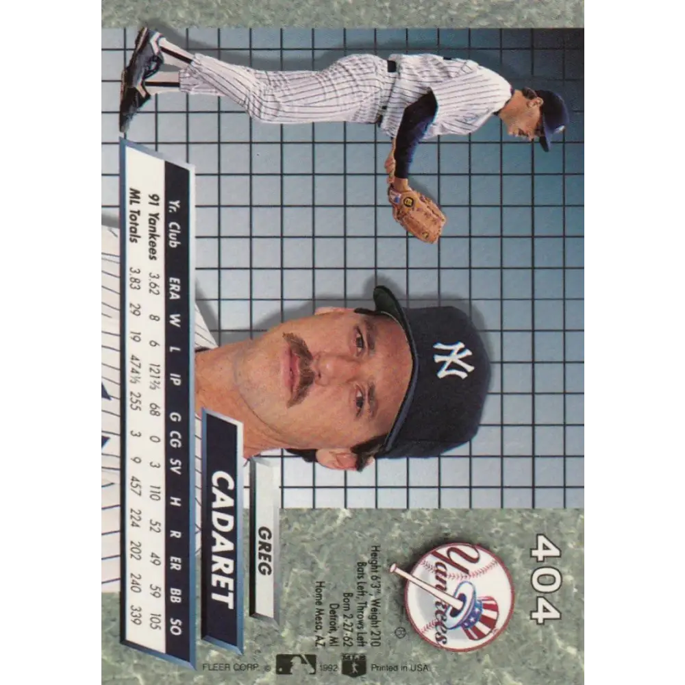 1992 Fleer Ultra #404 Greg Cadaret NM-MT New York Yankees Baseball Card Image 2