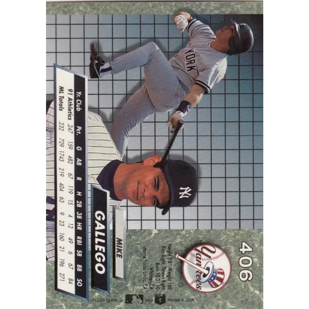 1992 Fleer Ultra #406 Mike Gallego NM-MT New York Yankees Baseball Card Image 2