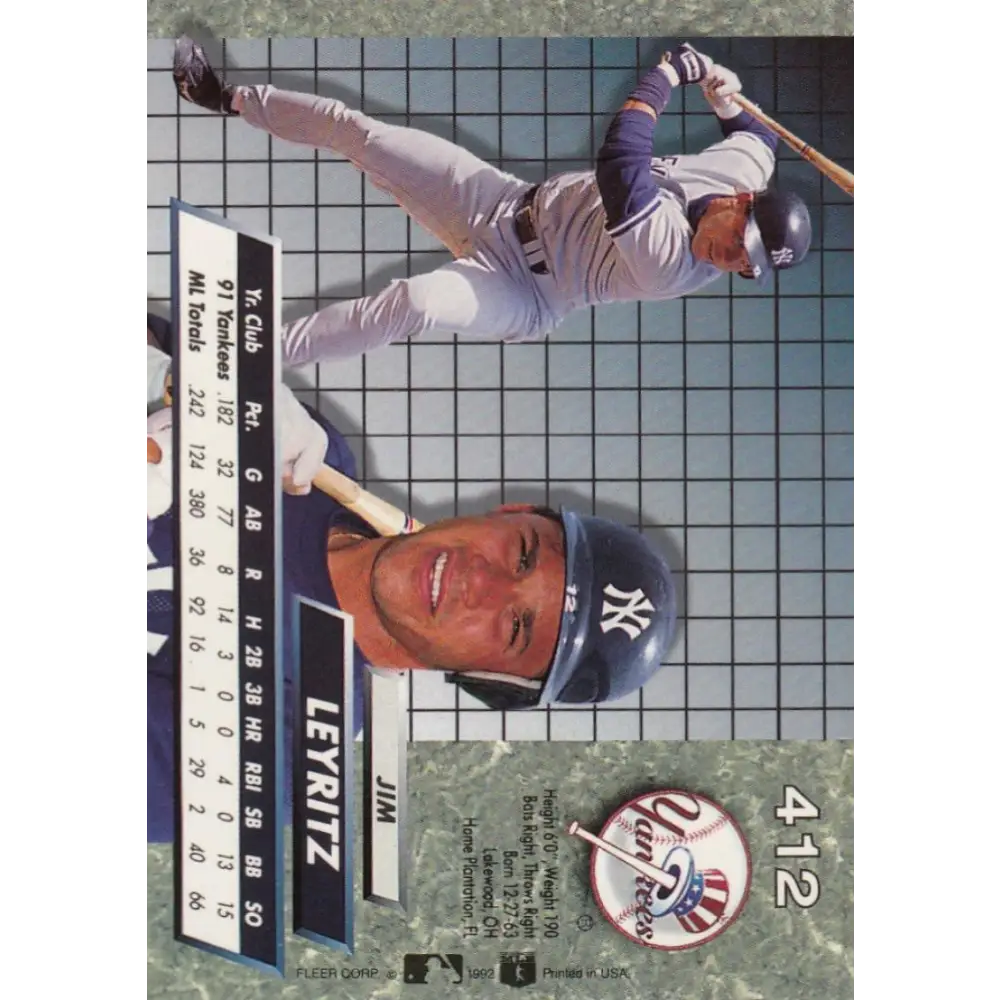 1992 Fleer Ultra #412 Jim Leyritz NM-MT New York Yankees Baseball Card Image 2
