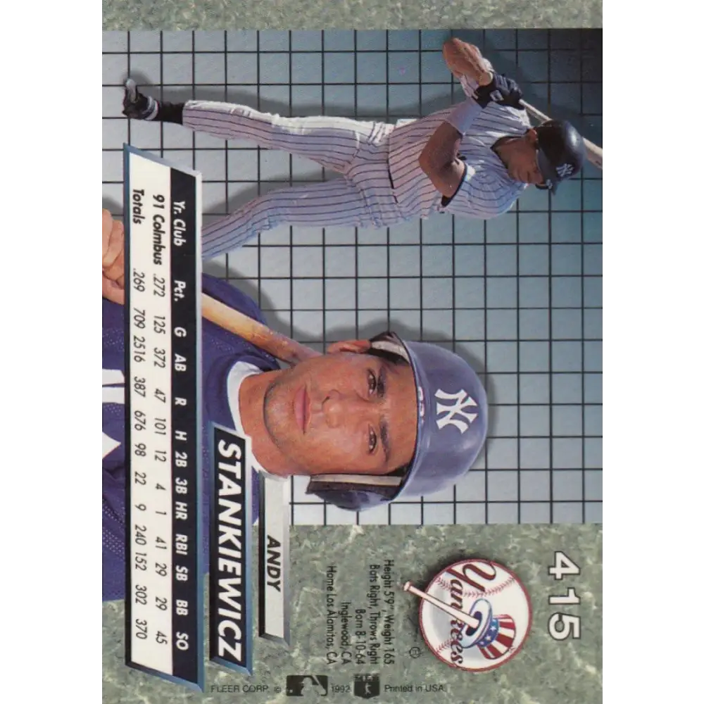 1992 Fleer Ultra #415 Andy Stankiewicz NM-MT New York Yankees Baseball Card Image 2