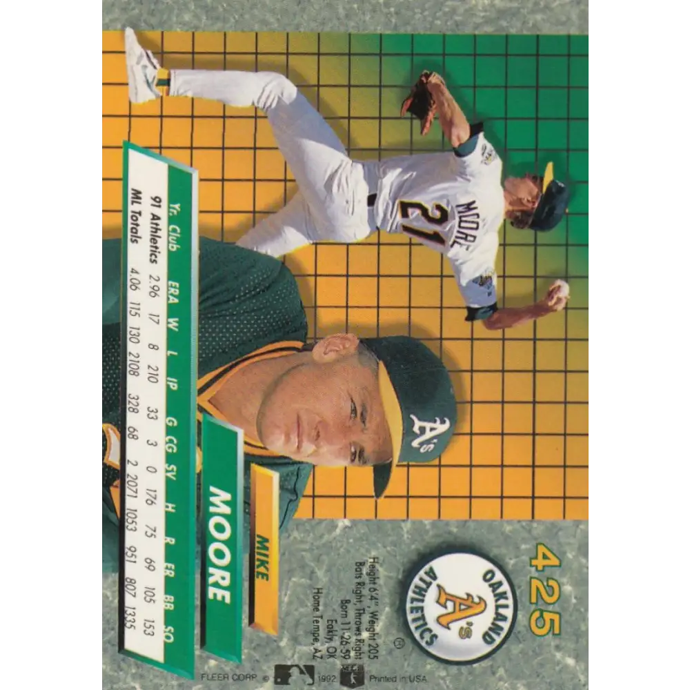 1992 Fleer Ultra #425 Mike Moore NM-MT Oakland Athletics Baseball Card Image 2