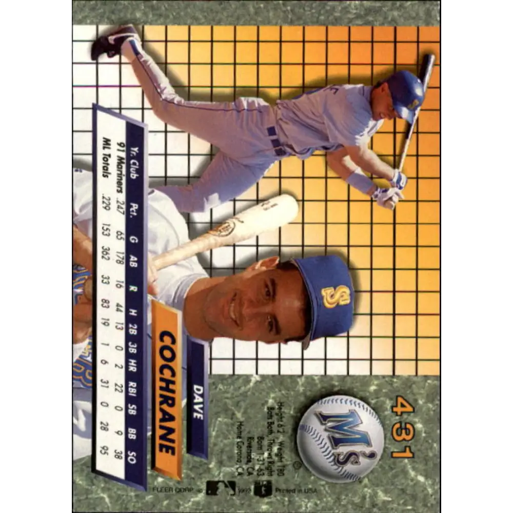 1992 Fleer Ultra #431 Dave Cochrane NM-MT Seattle Mariners Baseball Card Image 2