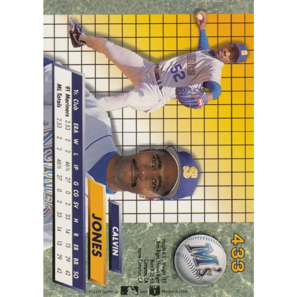 1992 Fleer Ultra #433 Calvin Jones NM-MT RC Rookie Seattle Mariners Baseball Card Image 2