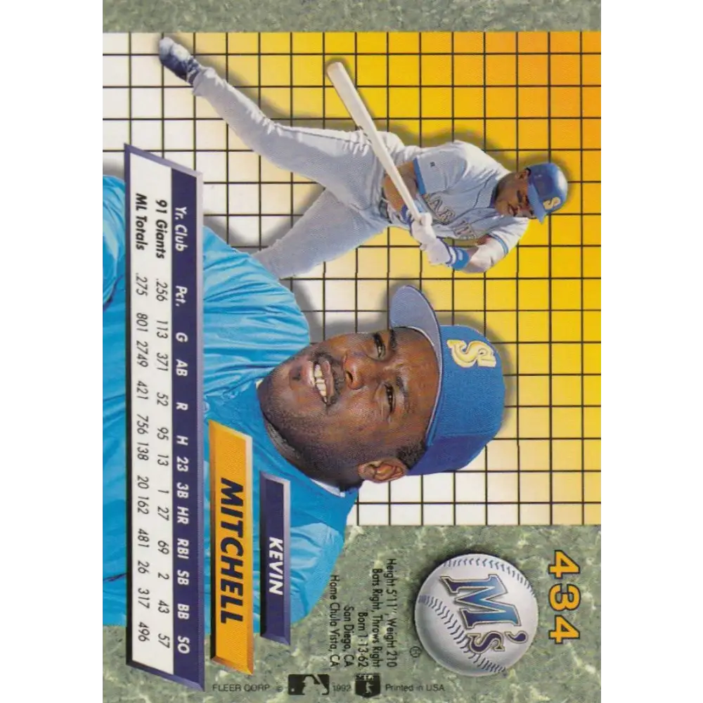 1992 Fleer Ultra #434 Kevin Mitchell NM-MT Seattle Mariners Baseball Card Image 2
