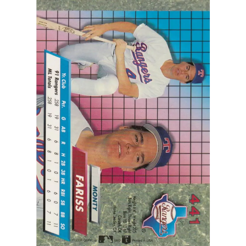 1992 Fleer Ultra #441 Monty Fariss NM-MT Texas Rangers Baseball Card Image 2
