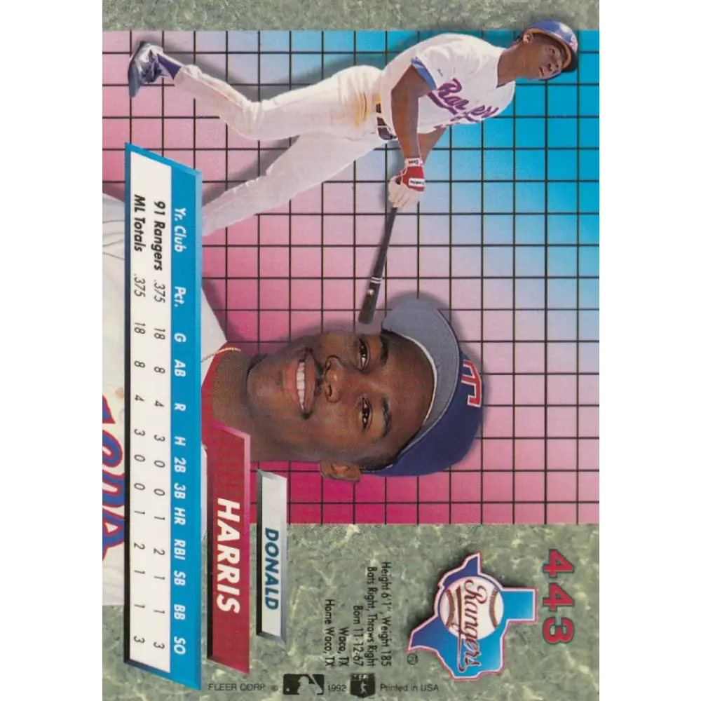 1992 Fleer Ultra #443 Donald Harris NM-MT Texas Rangers Baseball Card Image 2
