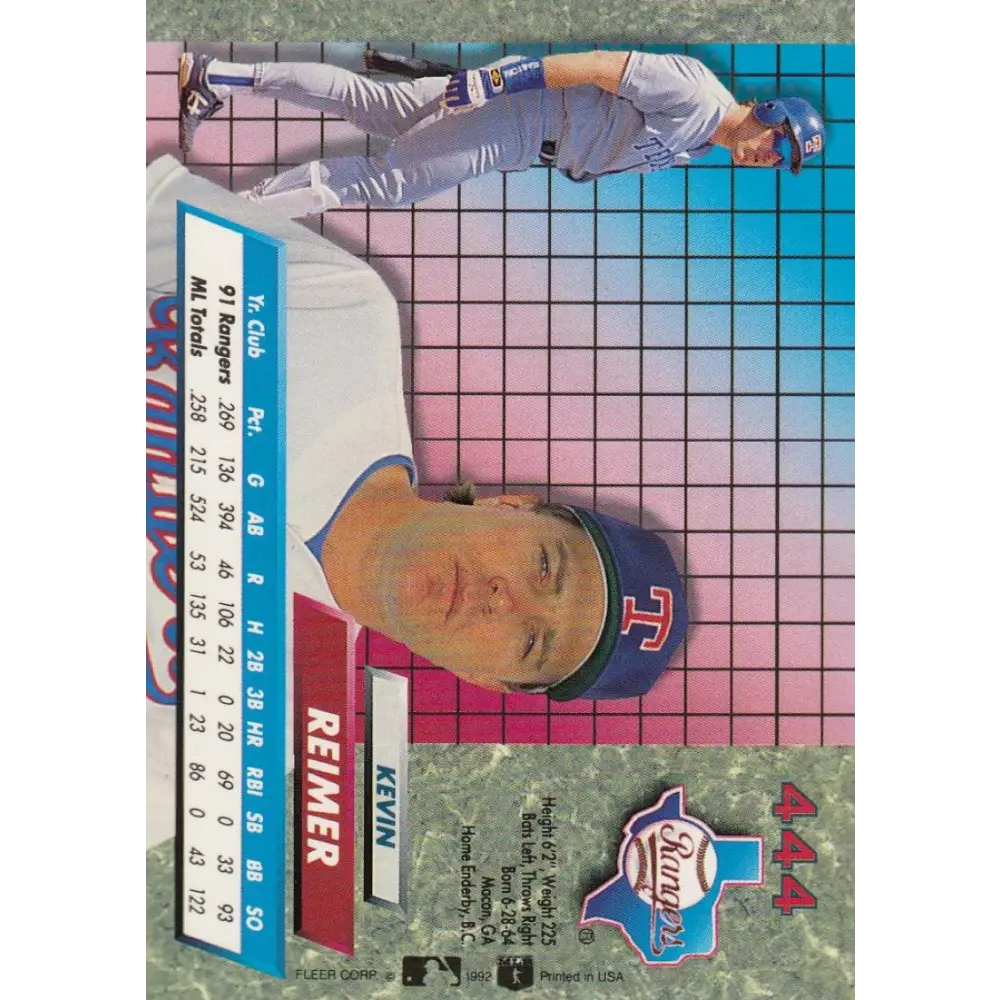 1992 Fleer Ultra #444 Kevin Reimer NM-MT Texas Rangers Baseball Card Image 2