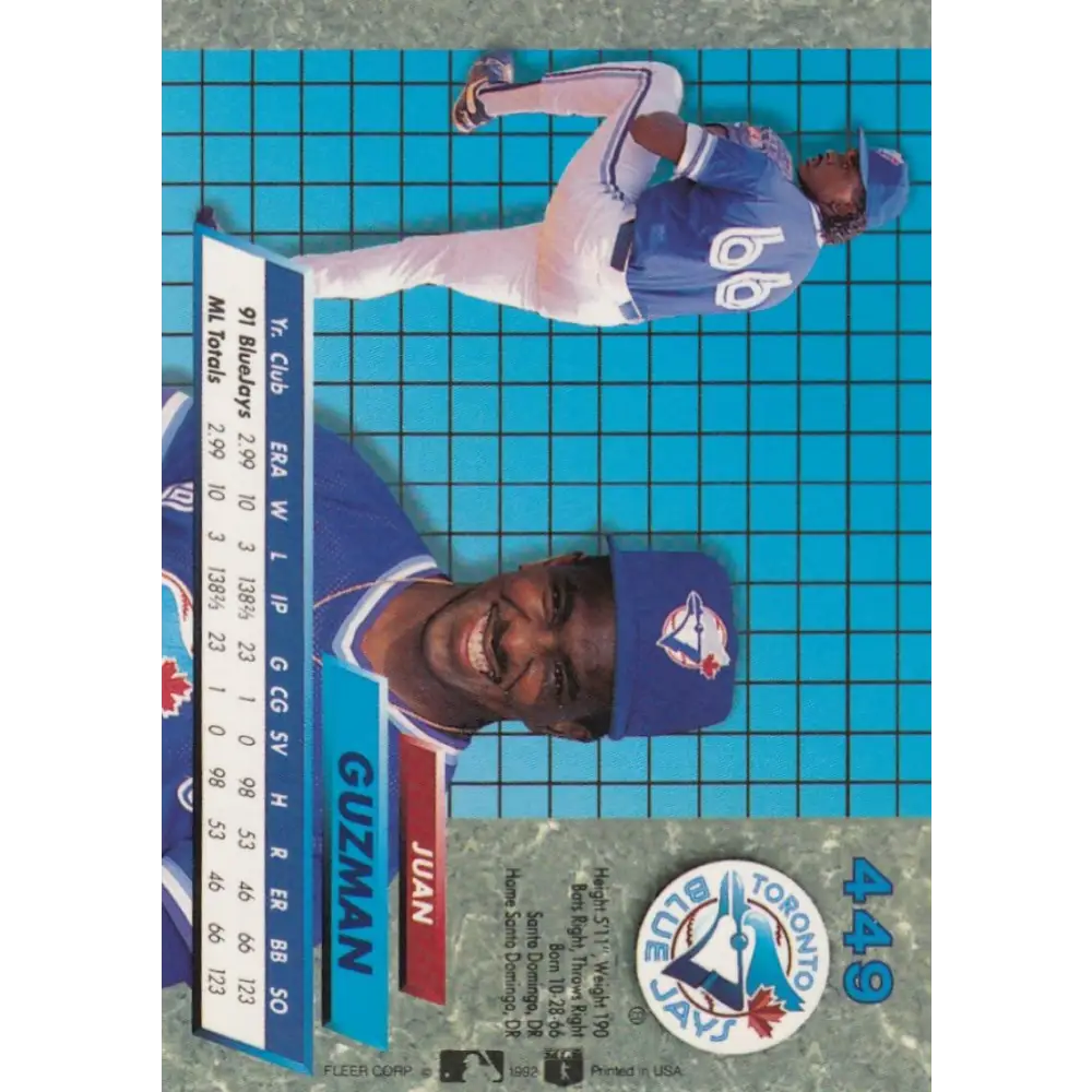 1992 Fleer Ultra #449 Juan Guzman NM-MT Toronto Blue Jays Baseball Card Image 2