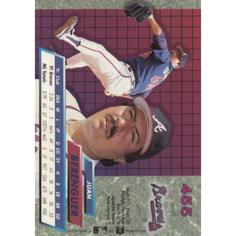 1992 Fleer Ultra #455 Juan Berenguer NM-MT Atlanta Braves Baseball Card Image 2