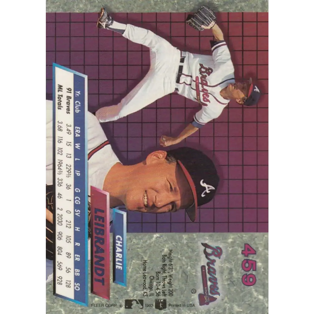 1992 Fleer Ultra #459 Charlie Leibrandt NM-MT Atlanta Braves Baseball Card Image 2