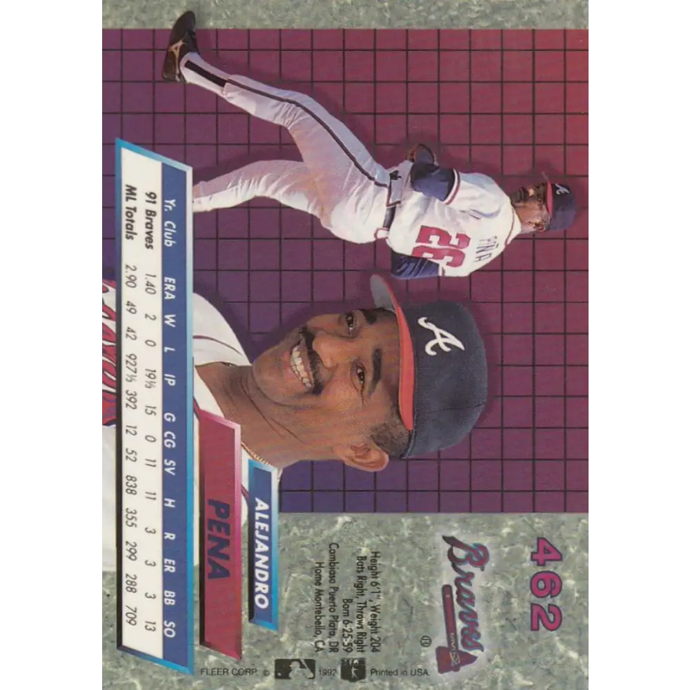 1992 Fleer Ultra #462 Alejandro Pena NM-MT Atlanta Braves Baseball Card Image 2