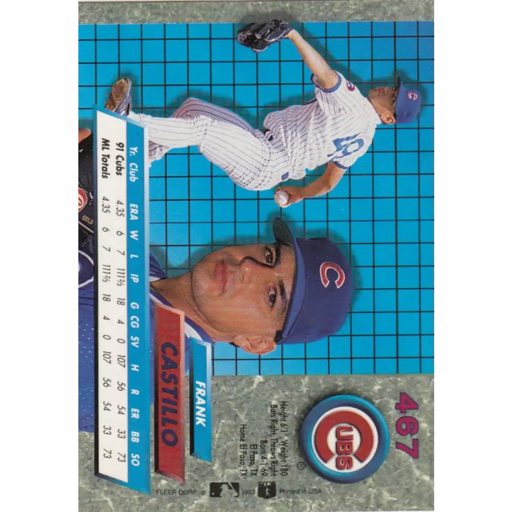 1992 Fleer Ultra #467 Frank Castillo NM-MT Chicago Cubs Baseball Card Image 2