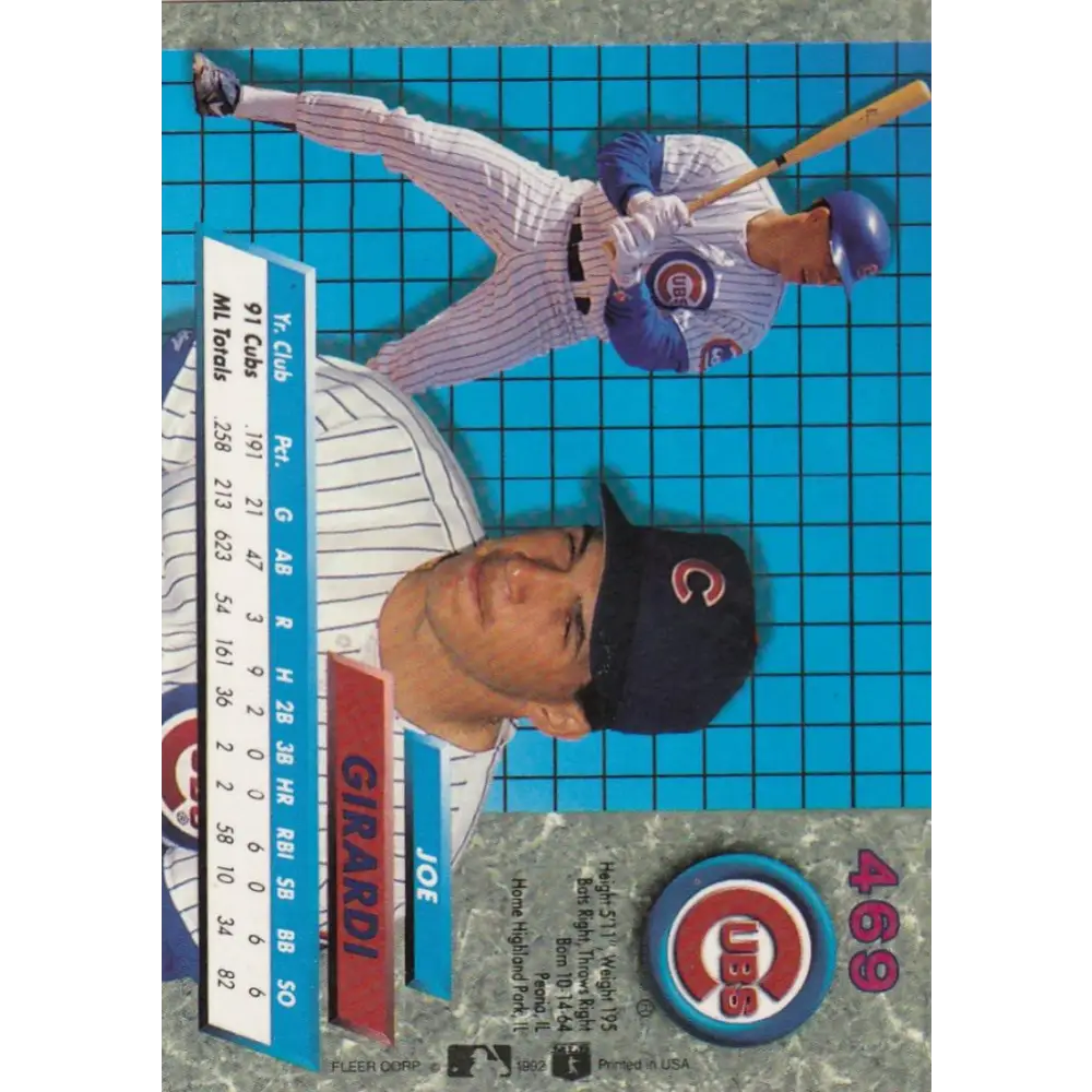 1992 Fleer Ultra #469 Joe Girardi NM-MT Chicago Cubs Baseball Card Image 2