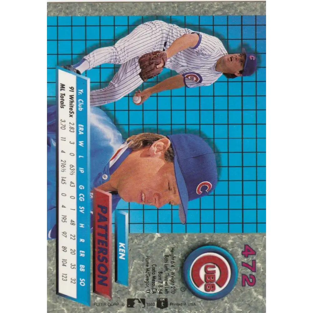 1992 Fleer Ultra #472 Ken Patterson NM-MT Chicago Cubs Baseball Card Image 2
