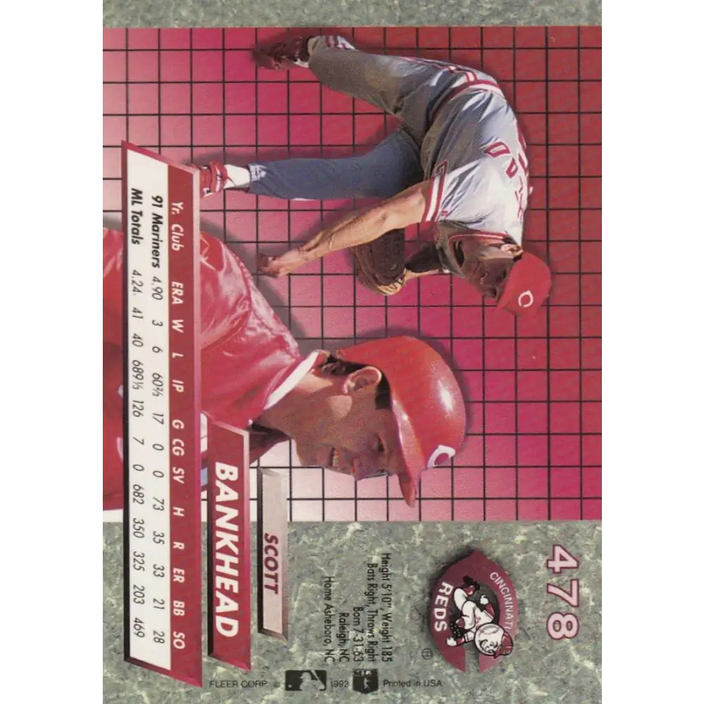 1992 Fleer Ultra #478 Scott Bankhead NM-MT Cincinnati Reds Baseball Card Image 2