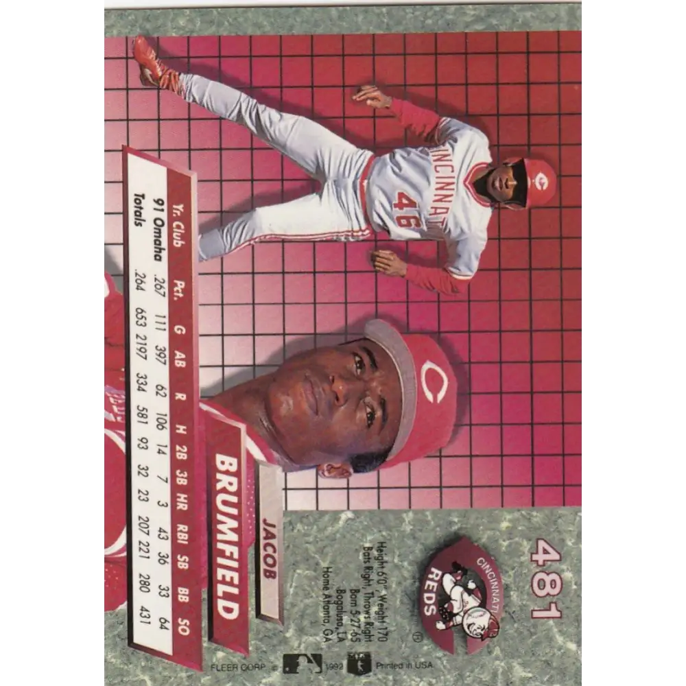 1992 Fleer Ultra #481 Jacob Brumfield NM-MT RC Rookie Cincinnati Reds Baseball Card Image 2