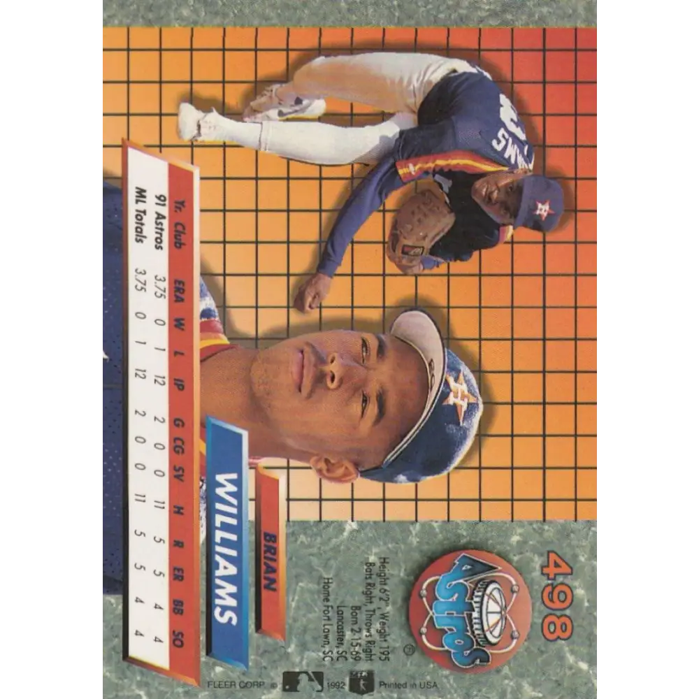 1992 Fleer Ultra #498 Brian Williams NM-MT RC Rookie Houston Astros Baseball Card Image 2