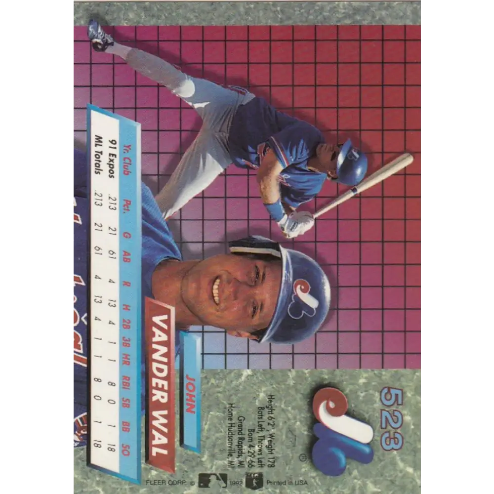 1992 Fleer Ultra #523 John Vander Wal NM-MT Montreal Expos Baseball Card Image 2