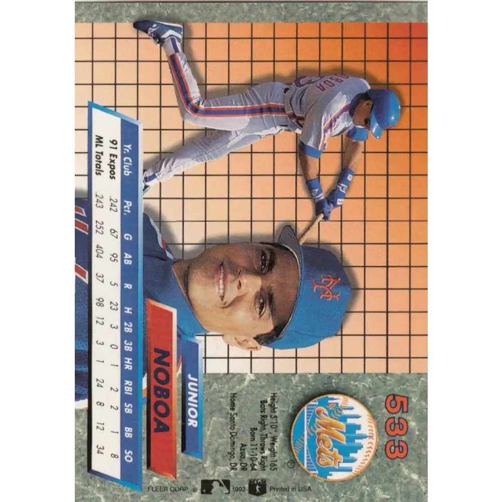 1992 Fleer Ultra #533 Junior Noboa NM-MT New York Mets Baseball Card Image 2