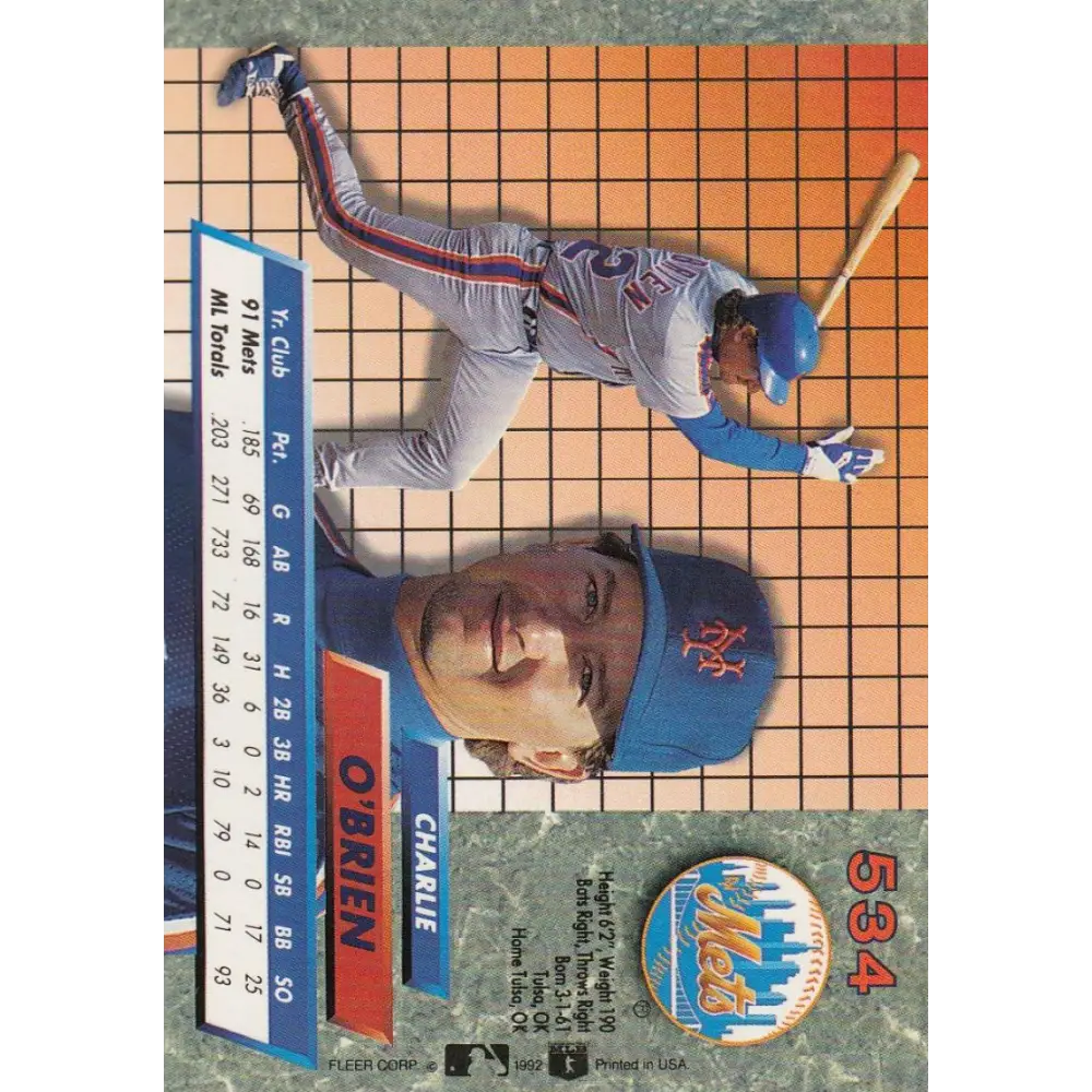 1992 Fleer Ultra #534 Charlie O'Brien NM-MT New York Mets Baseball Card Image 2