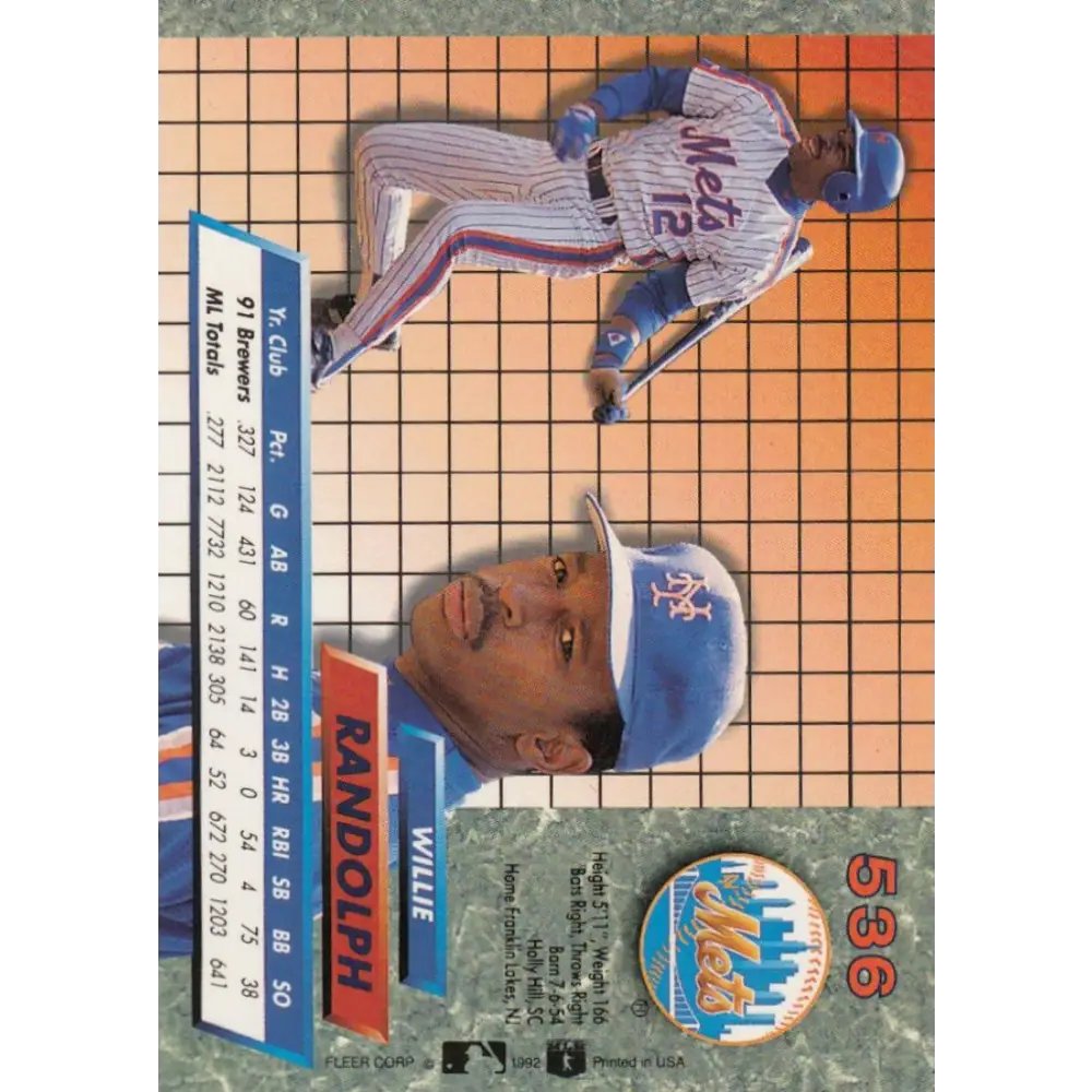 1992 Fleer Ultra #536 Willie Randolph NM-MT New York Mets Baseball Card Image 2