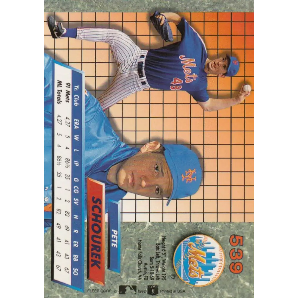 1992 Fleer Ultra #539 Pete Schourek NM-MT New York Mets Baseball Card Image 2