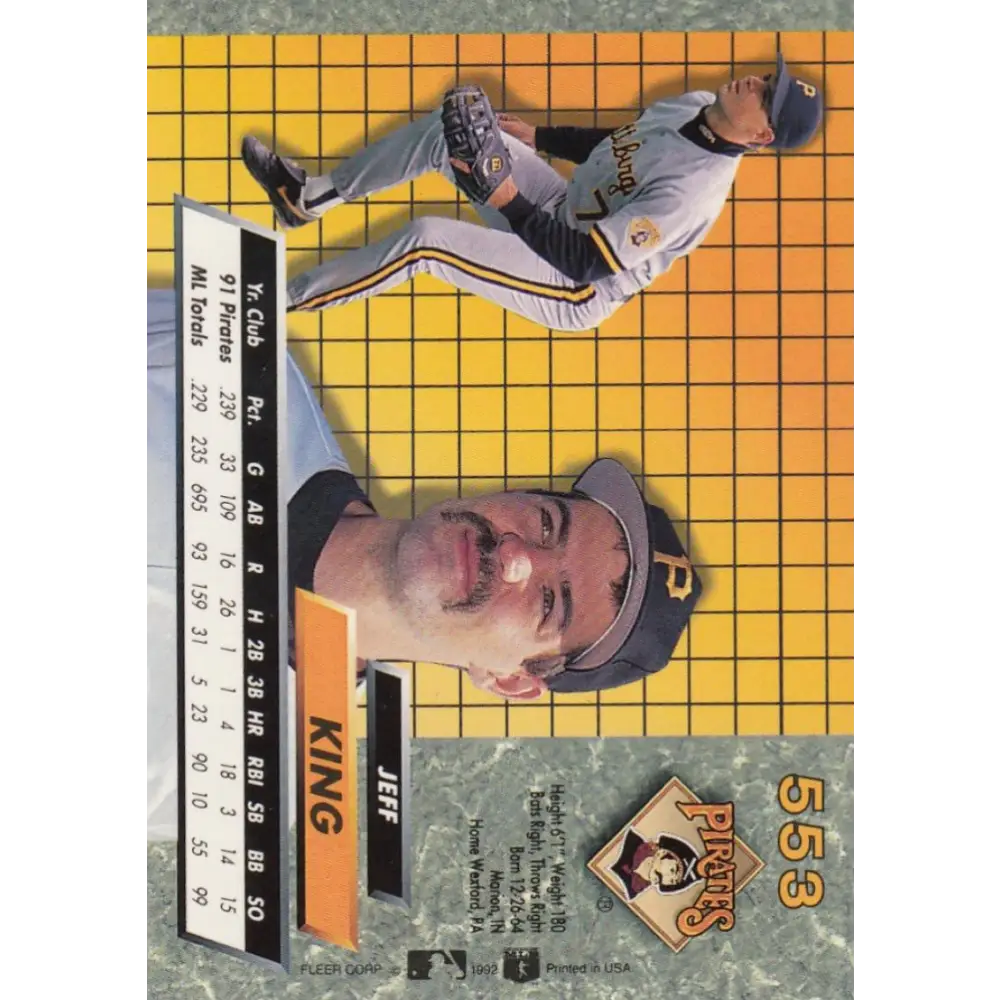 1992 Fleer Ultra #553 Jeff King NM-MT Pittsburgh Pirates Baseball Card Image 2
