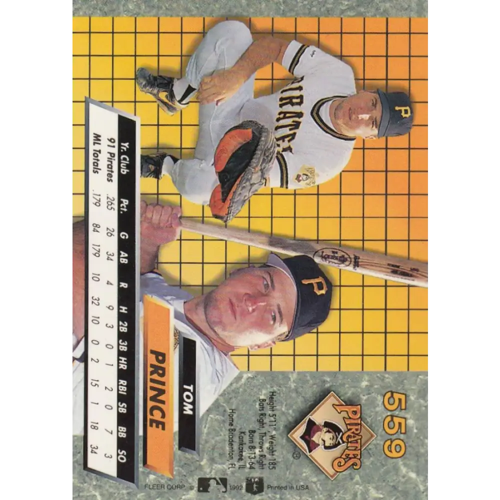 1992 Fleer Ultra #559 Tom Prince NM-MT Pittsburgh Pirates Baseball Card Image 2